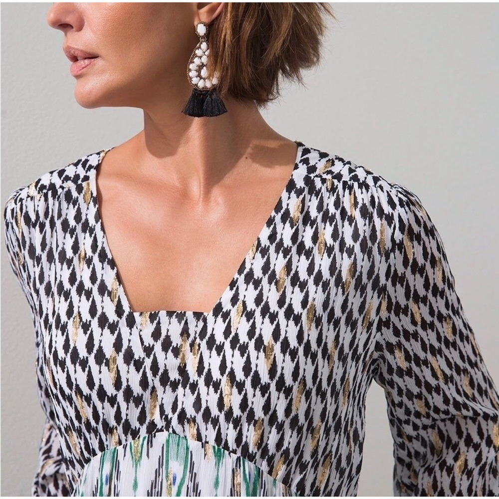 Chicos Ikat Clip Dot Maxi Dress Geo Print V Neck Long Sleeve Tiered Boho 1P/8P - Picture 4 of 14
